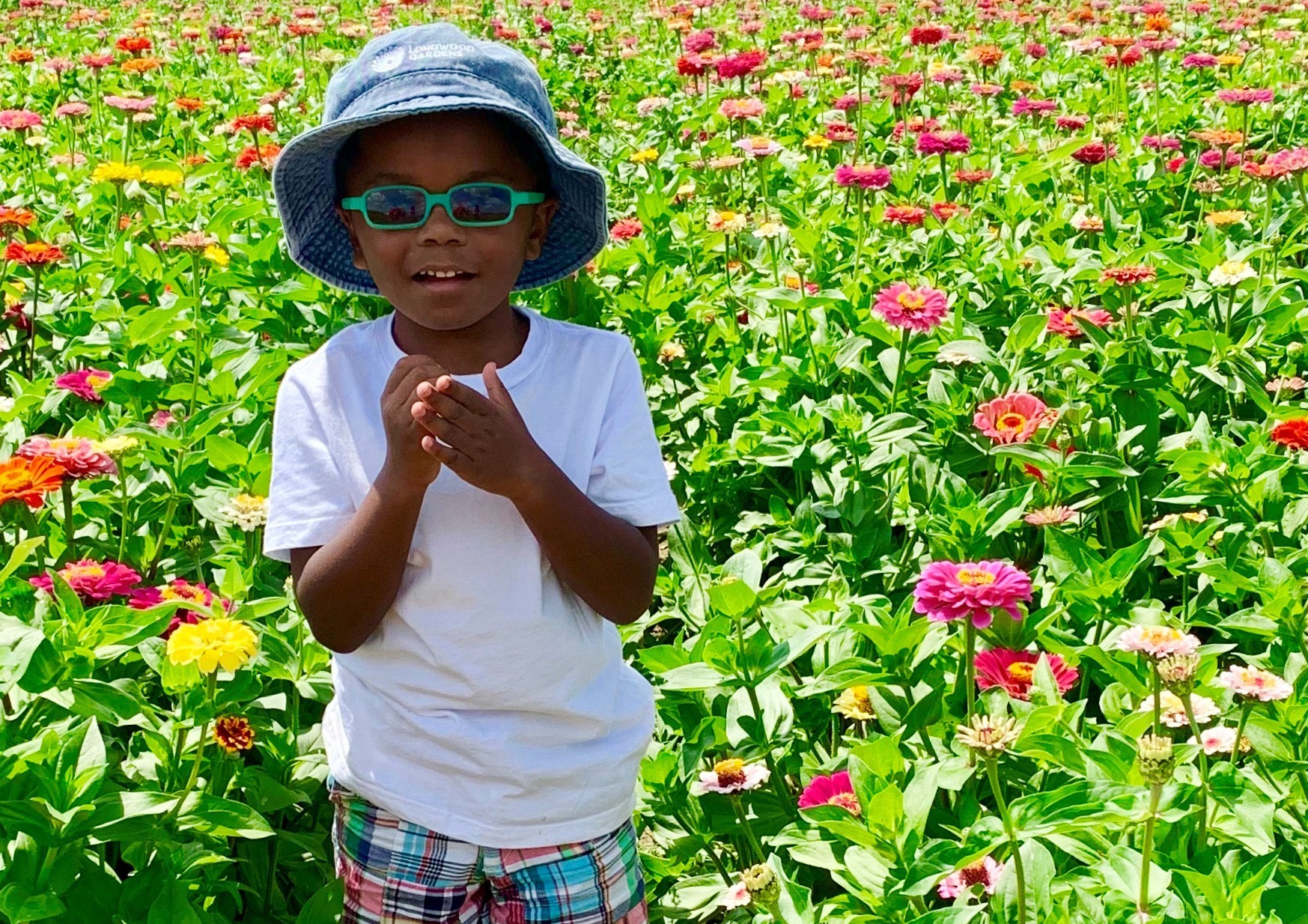 A young boy who is deaf-blind is standing among wildflowers wearing a hat and glasses.